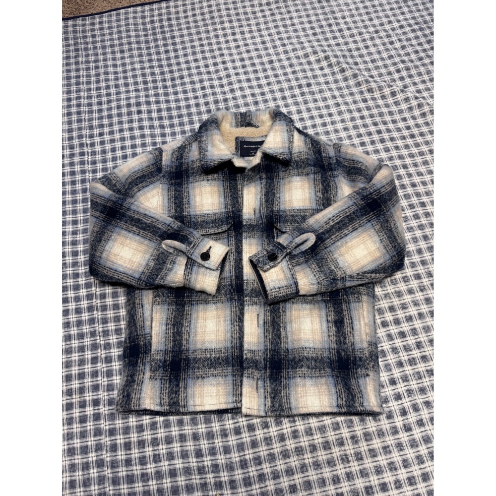 Abercrombie & Fitch Sherpa Lined Plaid  Jacket Shacket Blue Cream XS Relaxed